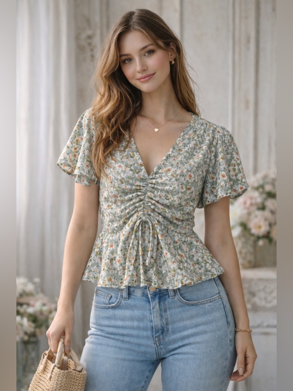 Lucy Paris Floral Ruched Peplum Blouse Sage Green Cottagecore Top Small